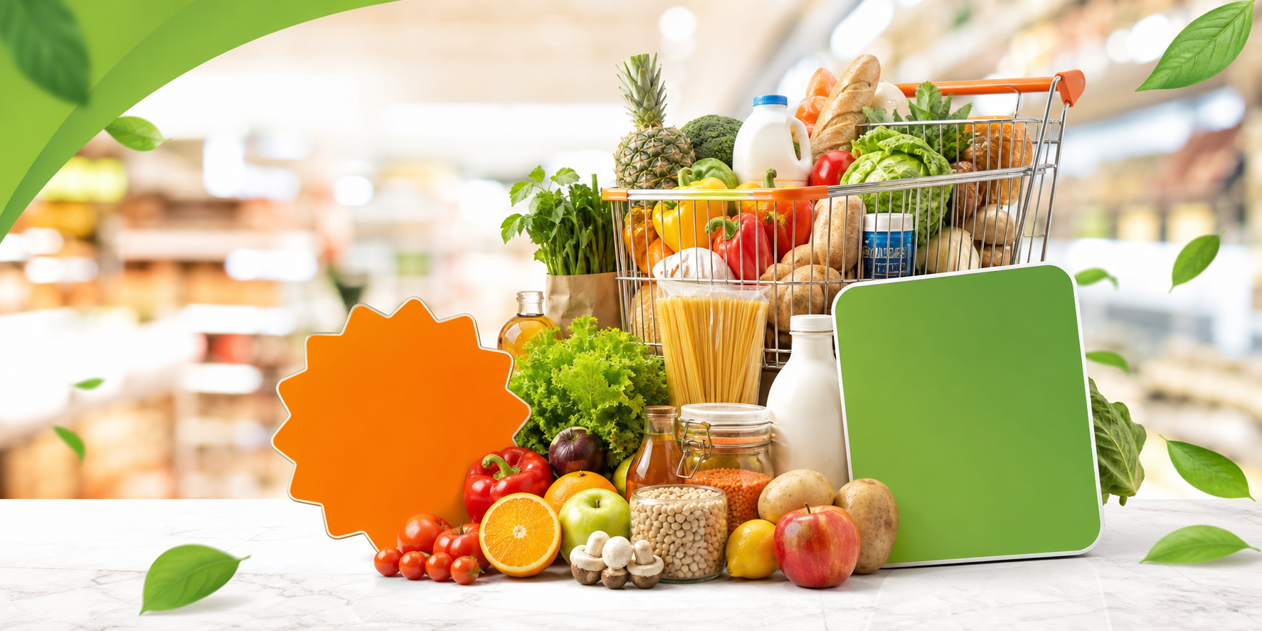 Supermarket offer display with grocery products